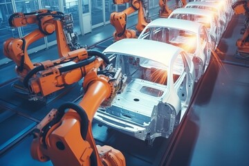 Wall Mural - The robot arm of the car manufacturing line is welding the car.AI technology generated image