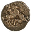 antike griechische Münze: reitender Krieger mit Helm und Lanze bringt Gegner mit Schild im Zweikampf zu Fall