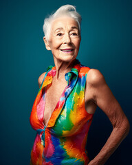 Portrait of a happy senior woman in bold swimwear and beach hat on a solid backdrop