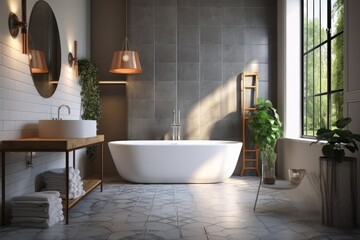 Wall Mural - serene bathroom with a white bathtub and natural light from a nearby window. Generative AI