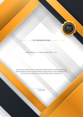 Wall Mural - Certificate of appreciation template, orange and black color. Clean modern certificate with gold badge. Certificate border template with luxury and modern line pattern. Diploma vector template