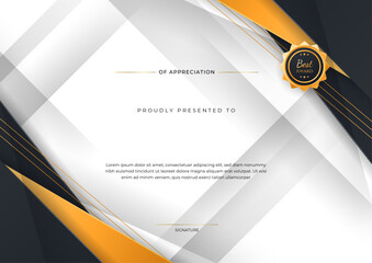 Wall Mural - Certificate of appreciation template, orange and black color. Clean modern certificate with gold badge. Certificate border template with luxury and modern line pattern. Diploma vector template