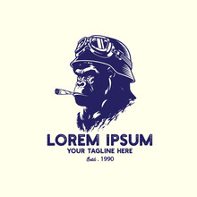 Vintage Logo Gorilla Wearing Helmet Vector Illustration