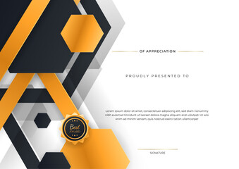 Wall Mural - Certificate of appreciation template, orange and black color. Clean modern certificate with gold badge. Certificate border template with luxury and modern line pattern. Diploma vector template