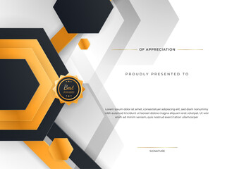 Wall Mural - Certificate of appreciation template, orange and black color. Clean modern certificate with gold badge. Certificate border template with luxury and modern line pattern. Diploma vector template