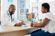 Doctor, writing on clipboard and consultation with black woman for health checkup. Healthcare, paperwork and happiness of medical professional with patient, checklist and results in hospital clinic.