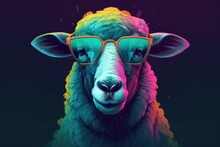 Sheep Wearing Sunglasses On A Solid Color Background, Vector Art, Digital Art, Faceted, Minimal, Abstract. Generative AI.
