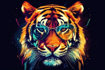 Wall Mural - tiger wearing sunglasses on a solid color background, vector art, digital art, faceted, minimal, abstract. Generative AI.