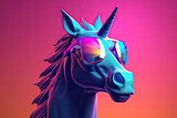 unicorn wearing sunglasses on a solid color background, vector art, digital art, faceted, minimal, abstract. Generative AI.