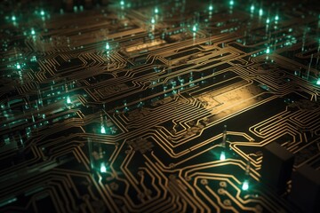 Intricate Circuit Board Close Up: Sleek Technology Background with Vibrant LED Lights, Mesmerizing Patterns in a 3:2 Aspect Ratio. Generative AI Illustration