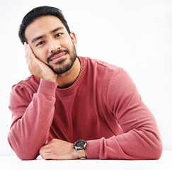 Poster - Relax, man and portrait in a studio with a smile looking attractive and handsome. Isolated, white background and resting male model feeling calm, friendly and confident with modern style smiling