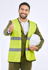 Poster - Portrait, Asian man and engineer with thumbs up, architecture and hard hat on a white studio background. Face, male employee or architect with gesture for agreement, thank you or success with project