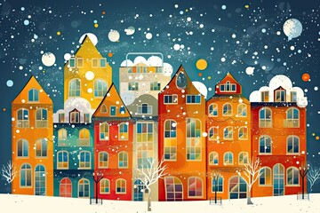 Sticker - cityscape covered in snow during winter season. Generative AI