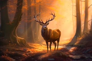 Wall Mural - beautiful red deer with big antlers standing proud at the edge of autumn woodland forest as golden s