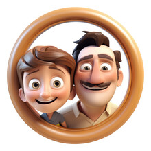 Close-up Father & Son 3d Cartoon Style In Rounded Frame - Generative AI