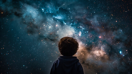 Wall Mural - child gazing up at the galaxy. created with generative ai.