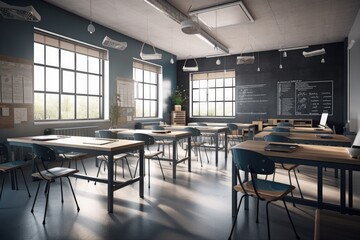 Poster - illustration of an empty classroom with desks and chairs. generative ai