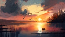 Beautiful Painting Showing Sunset On The Lake, Illustration , Generative AI