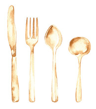 Watercolor Gold Kitchen Items, Knife, Spoon, Fork, Wedding Table Decoration, Tools