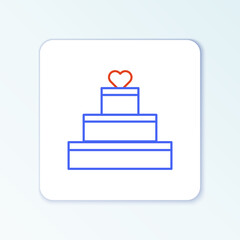 Poster - Line Wedding cake with heart icon isolated on white background. Valentines day symbol. Colorful outline concept. Vector