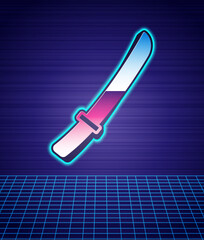 Poster - Retro style Traditional Japanese katana icon isolated futuristic landscape background. Japanese sword. 80s fashion party. Vector