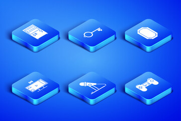 Poster - Set Gamepad, Computer, Microphone, Live streaming online, Ancient key for game and Poker table icon. Vector