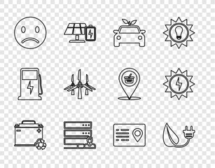 Sticker - Set line Car battery with recycle, Electric saving plug in leaf, Eco car concept drive, Customer care server, Sad smile, Wind turbines, Address book and Solar energy panel icon. Vector