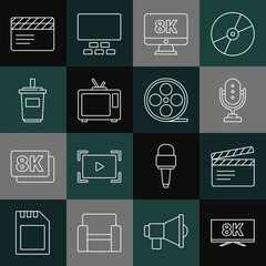 Poster - Set line Screen tv with 8k, Movie clapper, Microphone, Monitor, Retro, Paper glass water, and Film reel icon. Vector