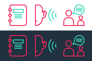 Sticker - Set line Two sitting men talking, Notebook and Ear listen sound signal icon. Vector