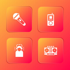 Sticker - Set Microphone, Music player, Man in headphones and DJ remote and mixing music icon. Vector