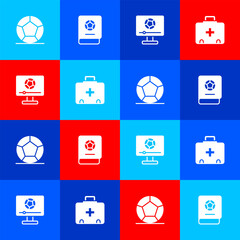 Poster - Set Soccer football ball, Football learning book, match on TV and First aid kit icon. Vector