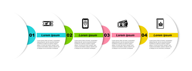 Poster - Set line Airline ticket, Infographic of city map, Train and Cover book travel guide. Business infographic template. Vector