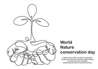 Wall Mural - World nature conservation day. Single continuous line of hands holding tree leaf. Plant leaves grow planet Earth seedling eco natural concept design sketch drawing vector illustration art