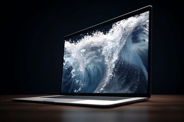 technology metaphor: ocean wave emerging from a laptop on a dark background, ai generated
