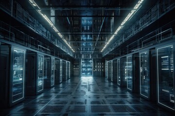 Poster - Illustration of an empty server room with multiple glass doors and equipment racks. Generative AI