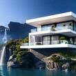© Koto - Modernes Haus an einem Fluss mit Wasserfall und Felsenwand