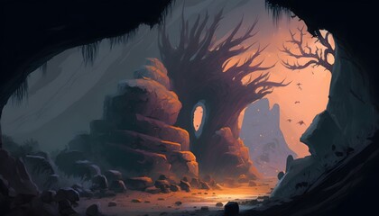 Wall Mural - fantasy landscape with mystery cave, digital painting, Generative AI