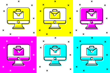 Poster - Set Online working icon isolated on color background. Freelancer man working on laptop at his house. Remote work. Distant job concept. Vector