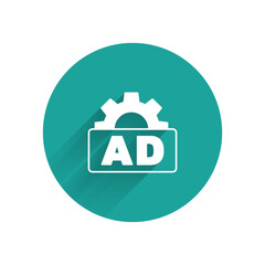 Aufkleber - White Advertising icon isolated with long shadow. Concept of marketing and promotion process. Responsive ads. Social media advertising. Green circle button. Vector