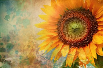 Sticker - bright yellow sunflower with a green center and green leaves against a blue sky background. Generative AI