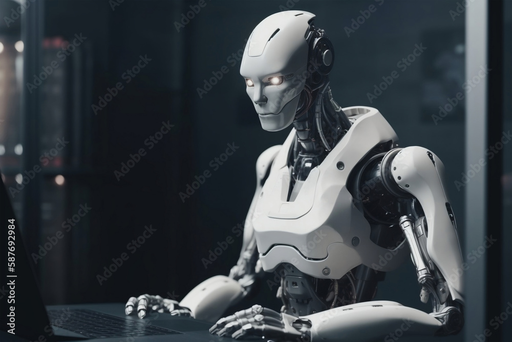 Artificial intelligence replaces human employees concept. Robot ...