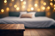 Table-top view of beside table or nightstand on blurred cozy night ambiance bedroom with glistening bokeh background. Empty wooden table for product display and customization. Flawless Generative AI