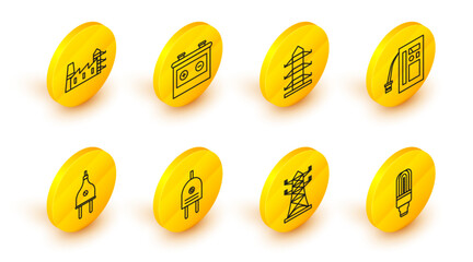 Sticker - Set line LED light bulb, High voltage power pole line, Electric plug, Battery, Car battery and Power station plant and factory icon. Vector