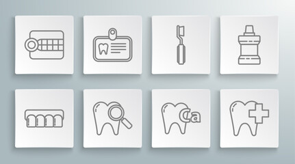 Poster - Set line Dentures model, Id card with tooth, Dental search, Calcium for, clinic dental care, Toothbrush, Mouthwash plastic bottle and icon. Vector