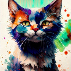  watercolor art, portrait of a cat.