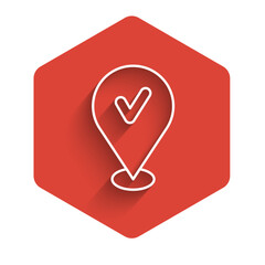 Poster - White line Map pin with check mark icon isolated with long shadow. Navigation, pointer, location, map, gps, direction, place, compass, search concept. Red hexagon button. Vector