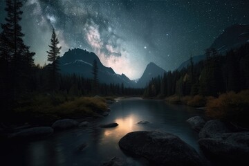 Wall Mural - serene river flowing under a starry night sky. Generative AI