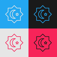 Poster - Pop art line Islamic octagonal star ornament icon isolated on color background. Vector