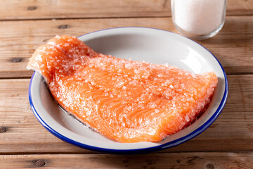 Fresh salmon fillet with salt on a plate on a table