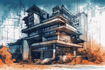 Poster - modern skyscraper with numerous windows. Generative AI
